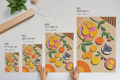 Póster con colores saturados Una composición dinámica de frutas sobre un fondo geométrico.