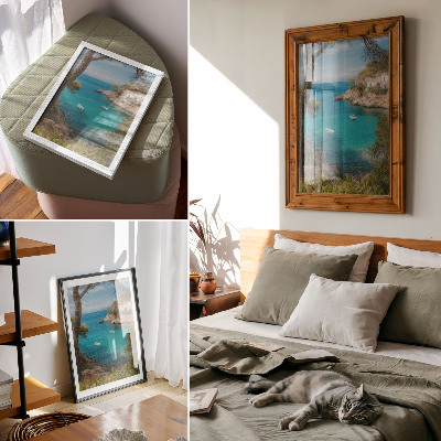 Póster Una bahía con barcos y una casa en un paisaje pintoresco.