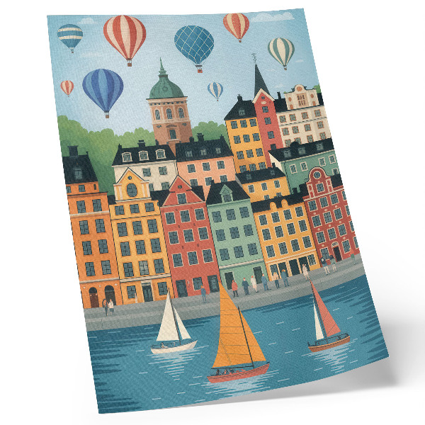 Póster con colores saturados Edificios de viviendas, globos, veleros, ambiente colorido