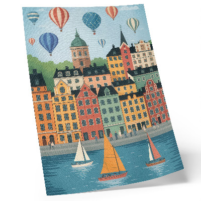 Póster con colores saturados Edificios de viviendas, globos, veleros, ambiente colorido