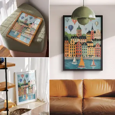 Póster con colores saturados edificios de viviendas con globos y veleros en un ambiente colorido