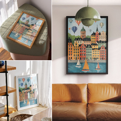 Póster con colores saturados Edificios de viviendas, globos, veleros, ambiente colorido