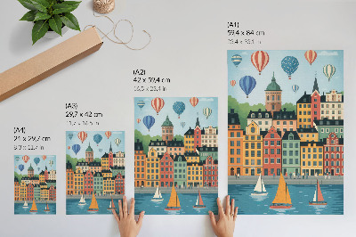 Póster con colores saturados Edificios de viviendas, globos, veleros, ambiente colorido