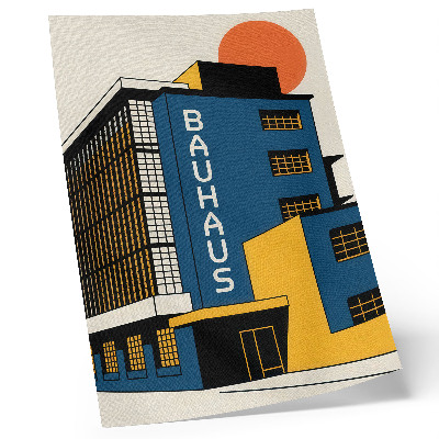 Póster Edificio Bauhaus azul marino con detalles amarillos y estilo moderno.