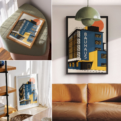 Póster Edificio Bauhaus azul marino con detalles amarillos y estilo moderno.