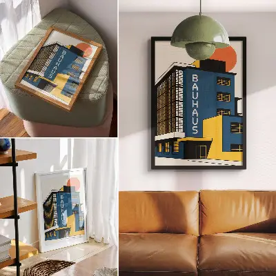 Póster edificio Bauhaus en azul marino con detalles amarillos y diseño moderno