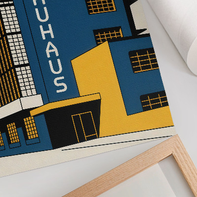 Póster Edificio Bauhaus azul marino con detalles amarillos y estilo moderno.