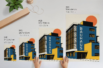 Póster Edificio Bauhaus azul marino con detalles amarillos y estilo moderno.