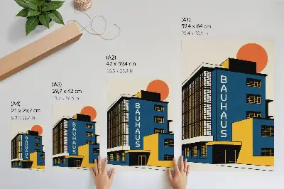 Póster edificio Bauhaus en azul marino con detalles amarillos y diseño moderno