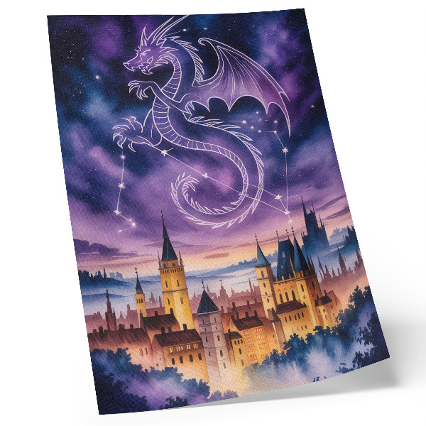 Lienzo decorativo moderno Mundo de fantasía, castillo de dragones, cielo, estrellas, espacio