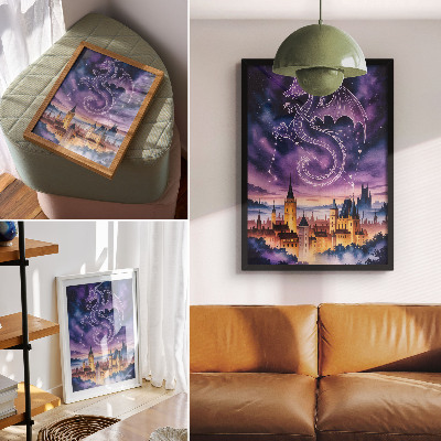 Lienzo decorativo moderno Mundo de fantasía, castillo de dragones, cielo, estrellas, espacio