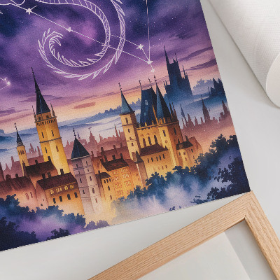 Lienzo decorativo moderno Mundo de fantasía, castillo de dragones, cielo, estrellas, espacio