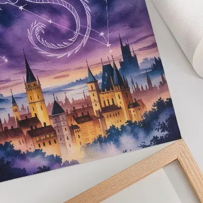 Lienzo decorativo moderno mundo de fantasía con castillo de dragones, cielo, estrellas y espacio