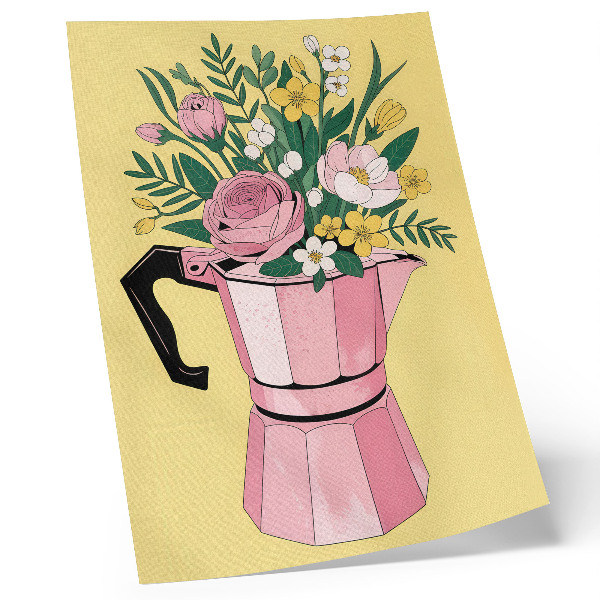 Póster con colores saturados Ilustración moderna con una cafetera rosa.