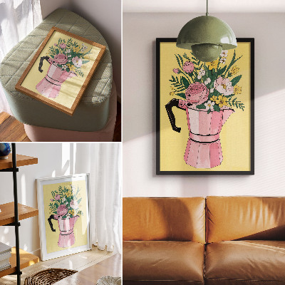 Póster con colores saturados Ilustración moderna con una cafetera rosa.