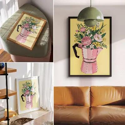 Ilustración moderna de cafetera rosa póster con colores saturados