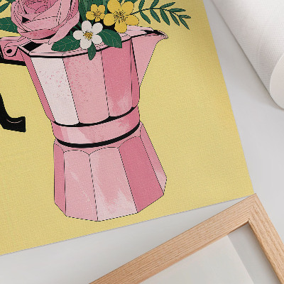 Póster con colores saturados Ilustración moderna con una cafetera rosa.