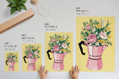 Póster con colores saturados Ilustración moderna con una cafetera rosa.