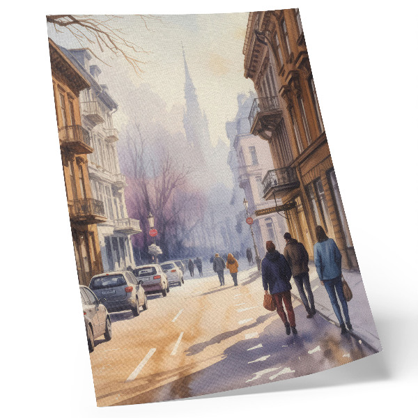 Póster Calle de la ciudad, árboles invernales, ambiente tranquilo