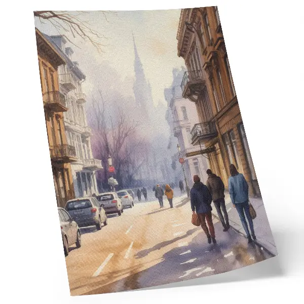 Póster calle de la ciudad con árboles invernales y ambiente tranquilo
