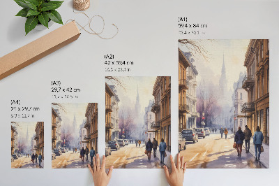 Póster Calle de la ciudad, árboles invernales, ambiente tranquilo