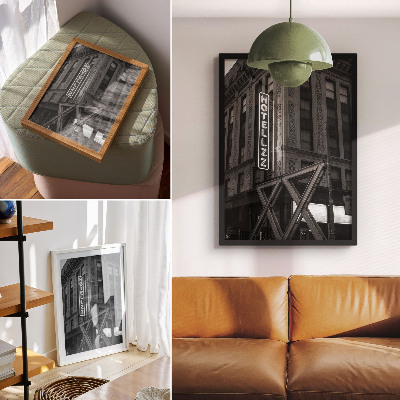 Póster con colores saturados Arquitectura en blanco y negro con luces de neón de hotel.