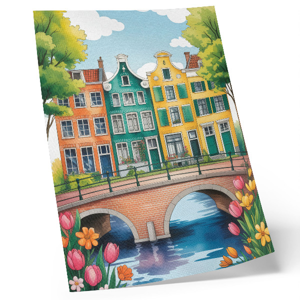 Lienzo decorativo moderno con edificios de viviendas coloridos junto al canal en estilo ilustrativo