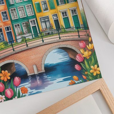 Lienzo decorativo moderno con edificios de viviendas coloridos junto al canal en estilo ilustrativo