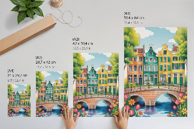 Lienzo decorativo moderno con edificios de viviendas coloridos junto al canal en estilo ilustrativo