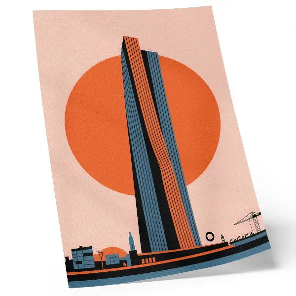 Póster rascacielos sobre fondo circular con diseño minimalista de alto contraste