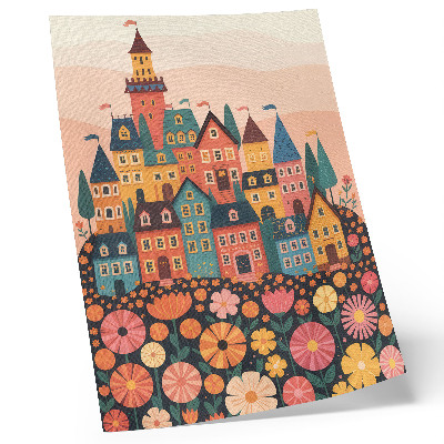 Póster de casas coloridas y flores diseño con ambiente idílico y colores saturados