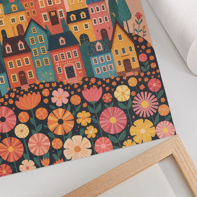 Póster de casas coloridas y flores diseño con ambiente idílico y colores saturados