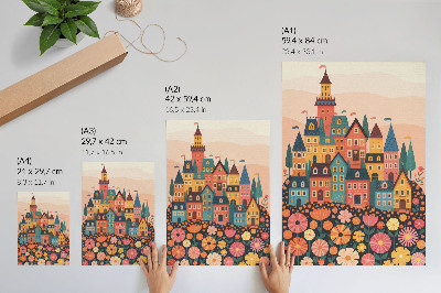Póster de casas coloridas y flores diseño con ambiente idílico y colores saturados