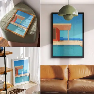Lienzo decorativo moderno edificio de color naranja brillante con cielo azul