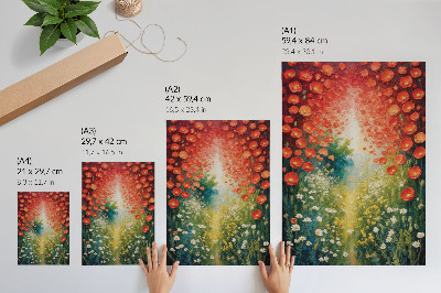 Póster Flores rojas, detalles verdes, fondo tridimensional