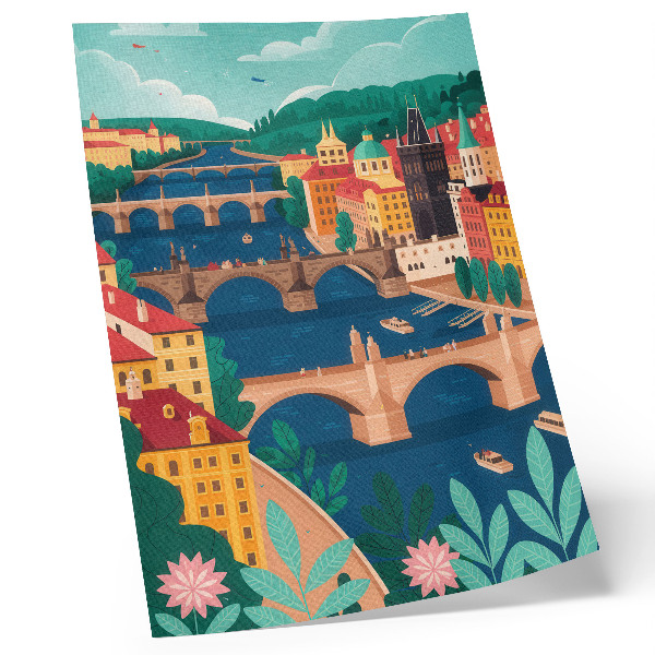 Póster con colores saturados Una ciudad colorida con puentes, naturaleza y cielo.