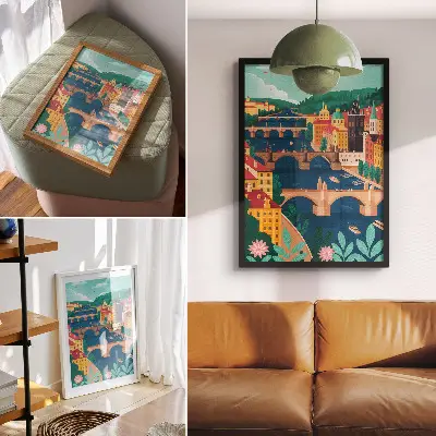 Póster de ciudad colorida con puentes, naturaleza y cielo en colores saturados