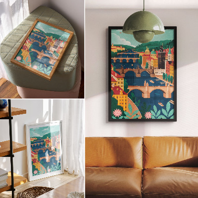 Póster con colores saturados Una ciudad colorida con puentes, naturaleza y cielo.