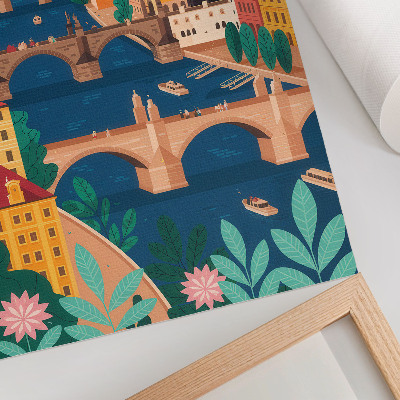 Póster con colores saturados Una ciudad colorida con puentes, naturaleza y cielo.