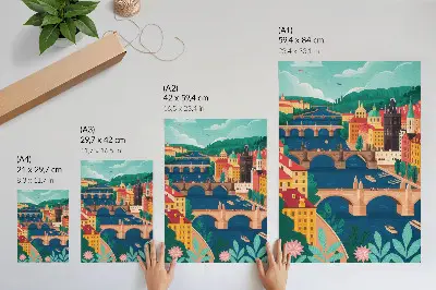 Póster de ciudad colorida con puentes, naturaleza y cielo en colores saturados