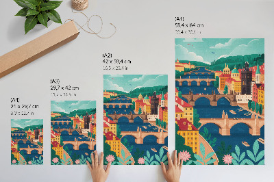 Póster con colores saturados Una ciudad colorida con puentes, naturaleza y cielo.