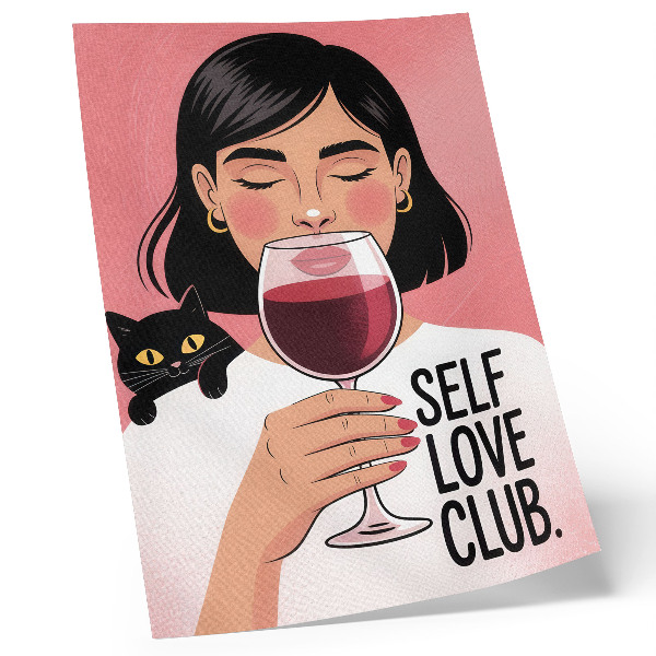 Lienzo decorativo moderno Mujer con vino y gato en estilo de ilustración