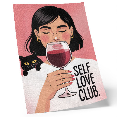 Lienzo decorativo moderno Mujer con vino y gato en estilo de ilustración
