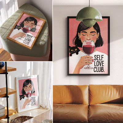 Lienzo decorativo moderno Mujer con vino y gato en estilo de ilustración