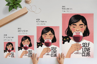 Lienzo decorativo moderno Mujer con vino y gato en estilo de ilustración