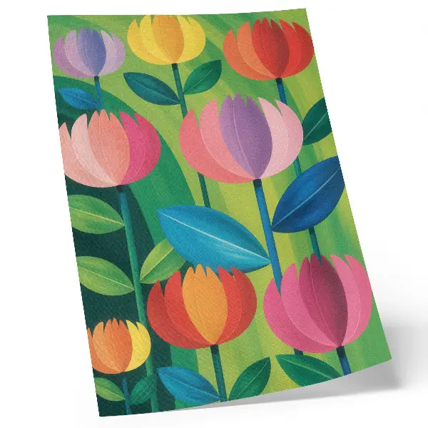 Póster flores geométricas coloridas con hojas sobre fondo verde