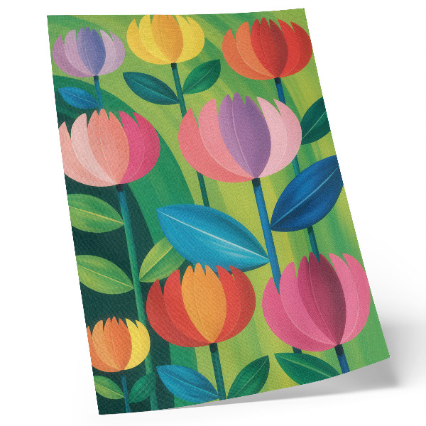 Póster Flores geométricas coloridas, hojas, fondo verde