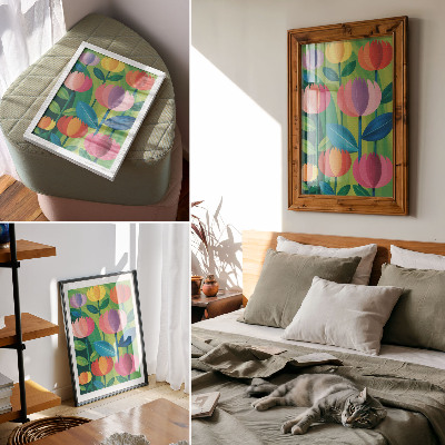 Póster Flores geométricas coloridas, hojas, fondo verde