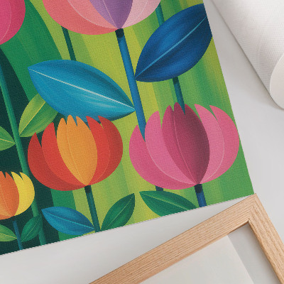 Póster Flores geométricas coloridas, hojas, fondo verde