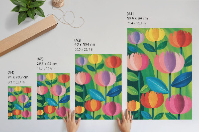 Póster Flores geométricas coloridas, hojas, fondo verde